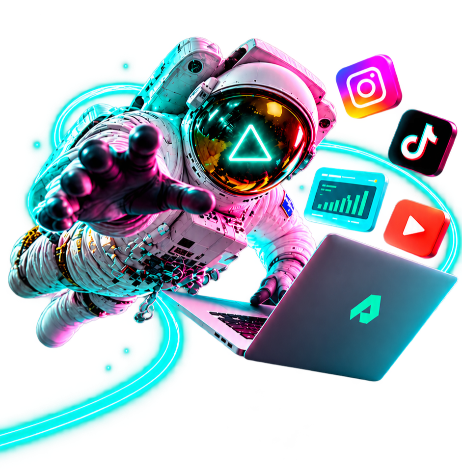Astronauta Neon con Laptop e Social Media-mobile